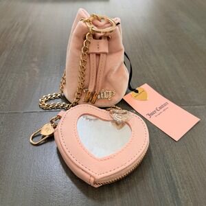 Juicy Couture Pink Micro Drawstring Bag and Heart Mirror Charm Wallet Set NWT